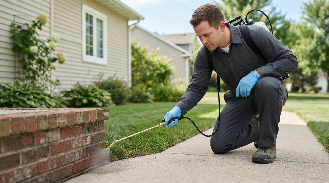 Pest control technician treating a home near Virgil, KS